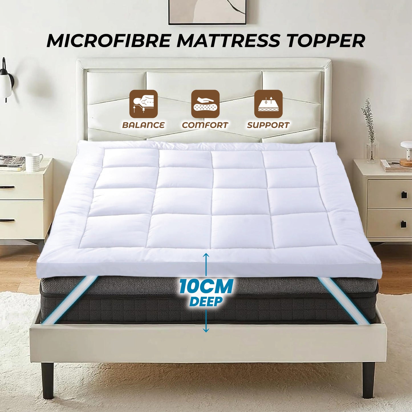 10cm Deep Mattress Topper – Extra Thick Microfibre, Elasticated Straps | Single to Super King