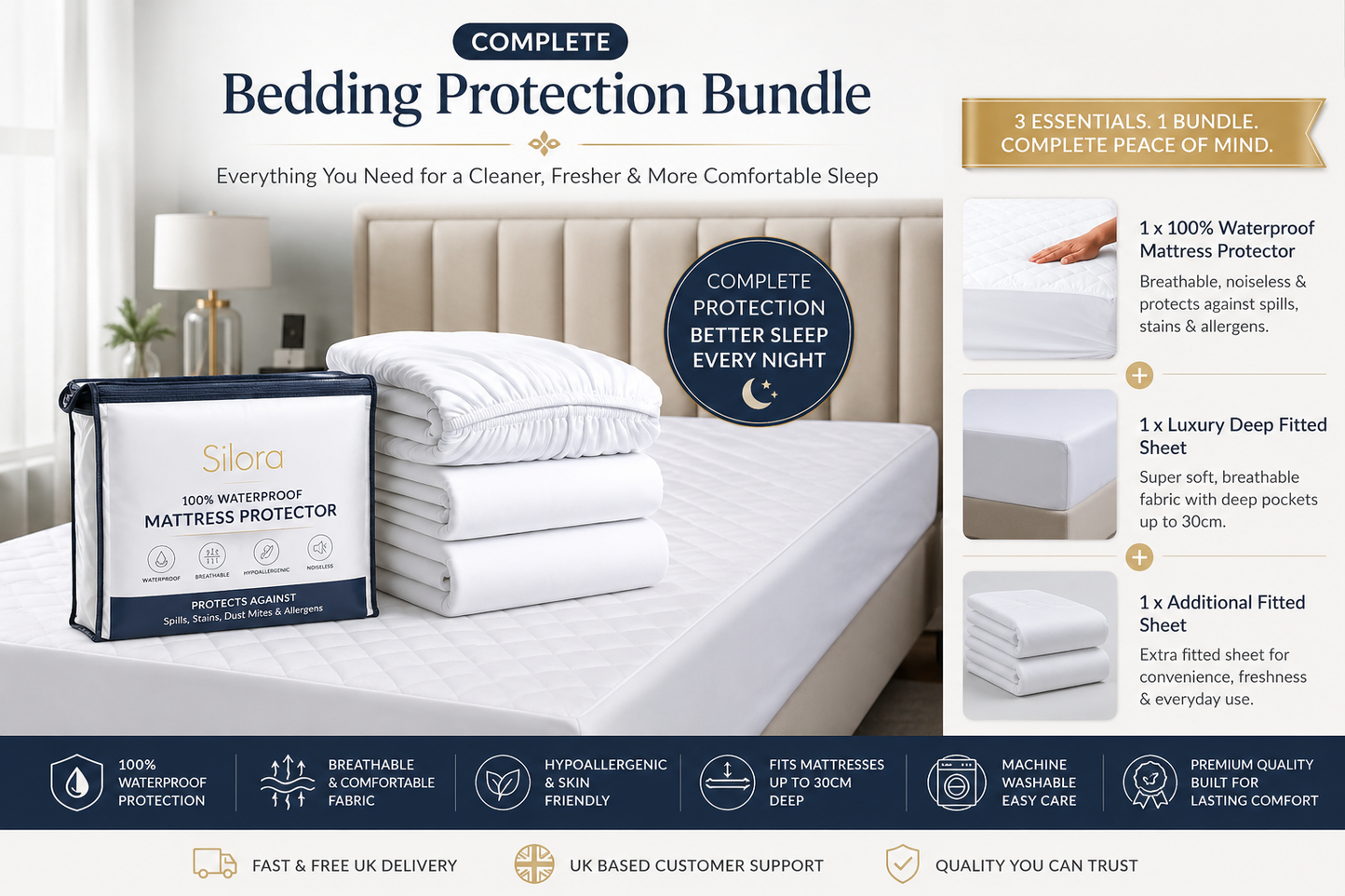 SILORA Premium Bedding Essentials Designed for Comfort, Protection & Better Sleep (Fitted Sheet+ Bedding Protection+ Mattress Protector)